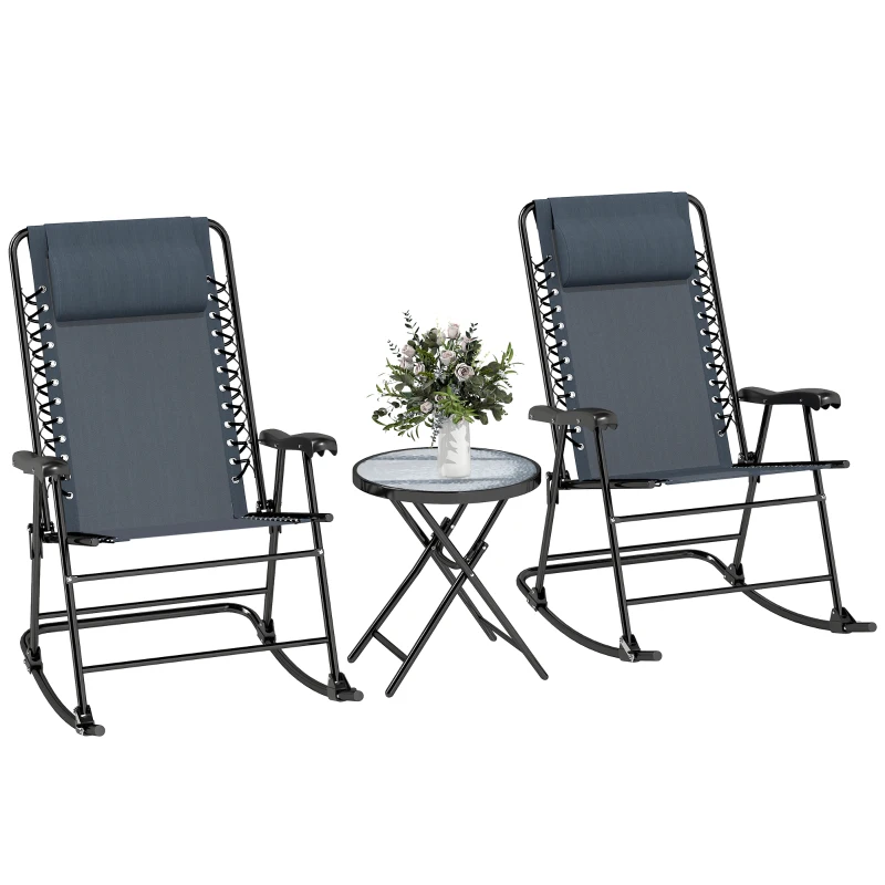 Outsunny 3pc Patio Rocking Chair Set, Folding Outdoor Rocking Chairs and Table Bistro Set w/ Breathable Mesh Seat & Backrest, Headrest for Park, Backyard, Garden, Grey