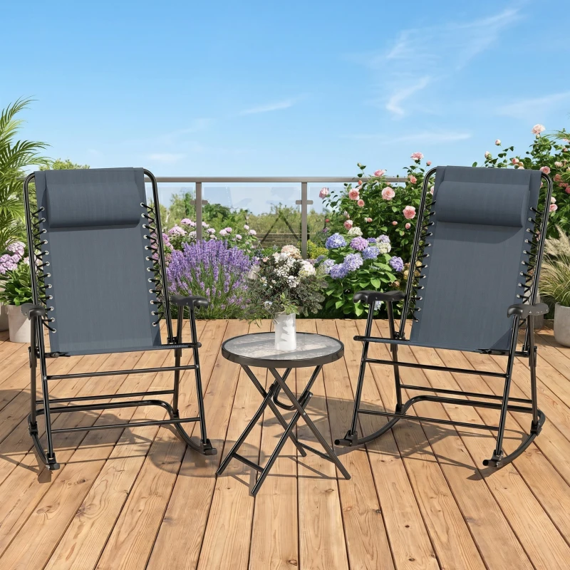 Outsunny 3pc Patio Rocking Chair Set, Folding Outdoor Rocking Chairs and Table Bistro Set w/ Breathable Mesh Seat & Backrest, Headrest for Park, Backyard, Garden, Grey