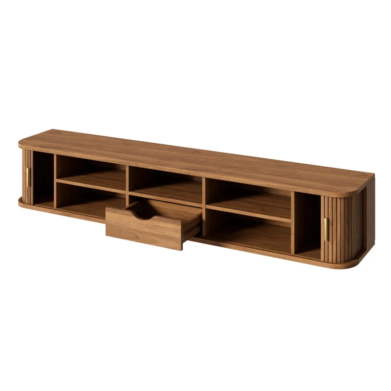Wall-Mount Floating TV Cabinet with Built-In Cable Management, Sleek Modern Wooden Media Console with Open Shelves, 69'' L x 12'' W x 12'' H, Walnut