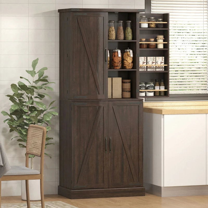 HOMCOM 72" Tall Kitchen Pantry Cabinet, Farmhouse Storage Cabinet with 8 Door Racks and Adjustable Shelves, Distressed Brown