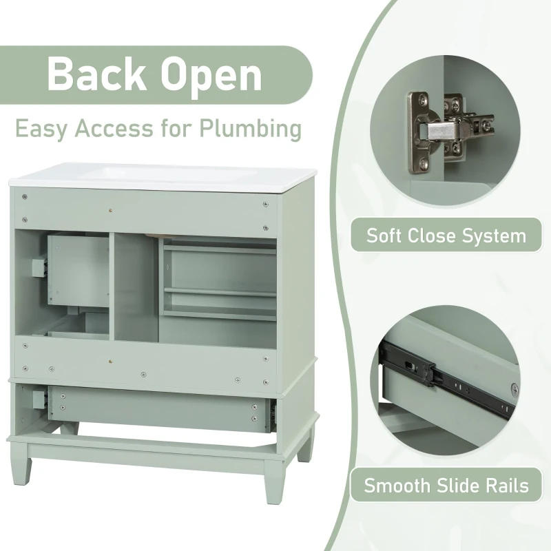 Stylish Bathroom Vanity with Easy-Clean Ceramic Sink, Ideal Cabinet for Modern Bathrooms, 30" L x 18.5" W x 33.5" H, Light Green