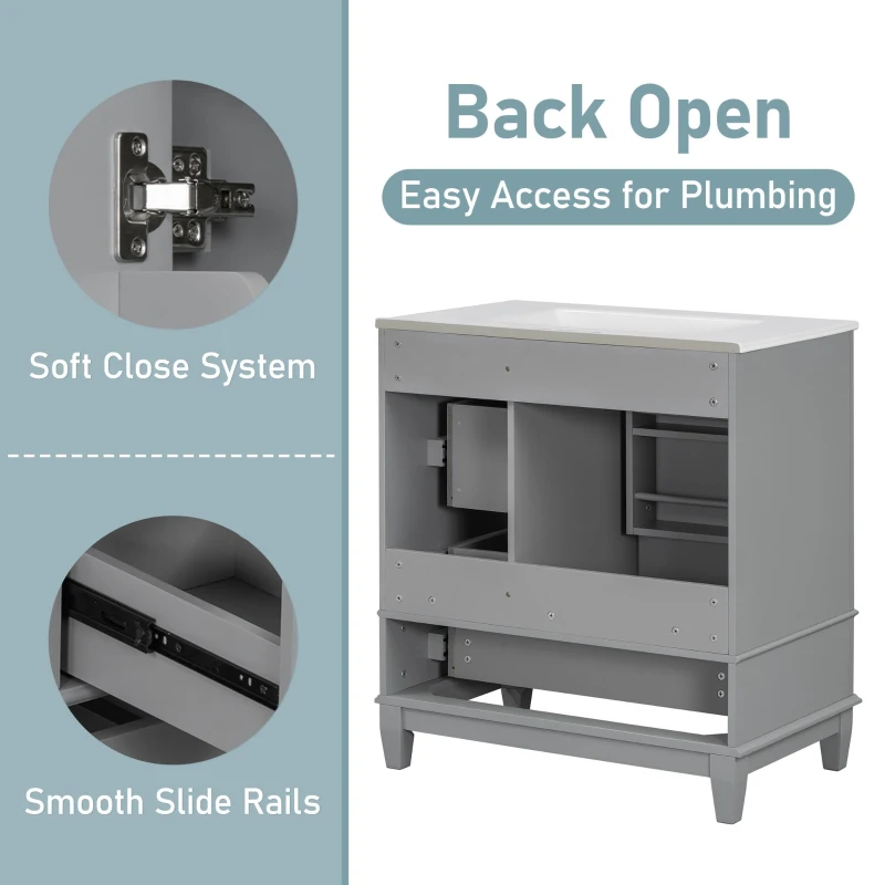 Stylish Bathroom Vanity with Easy-Clean Ceramic Sink and 3 Pre-Drilled Holes, Ideal Cabinet for Modern Bathrooms, 30" L x 18.5" W x 33.5" H, Gray