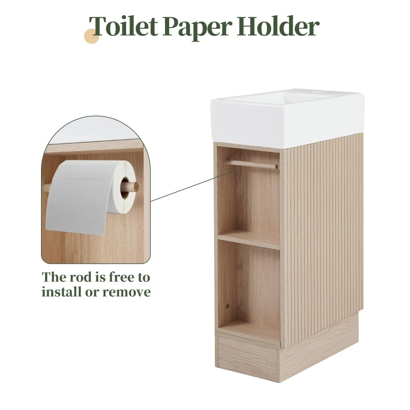 Practical Bathroom Vanity with 2-Tier Shelves and Toilet Paper Holder, Compact Cabinet for Small Bathrooms, 18.5" L x 10.5" W x 33" H, Natural Wood