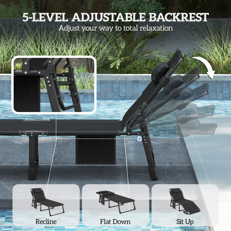 Outsunny Folding Chaise Lounge Chair Outdoor Tanning Chair with 5-Position Backrest, Cushion, Side Pocket, Dark Gray