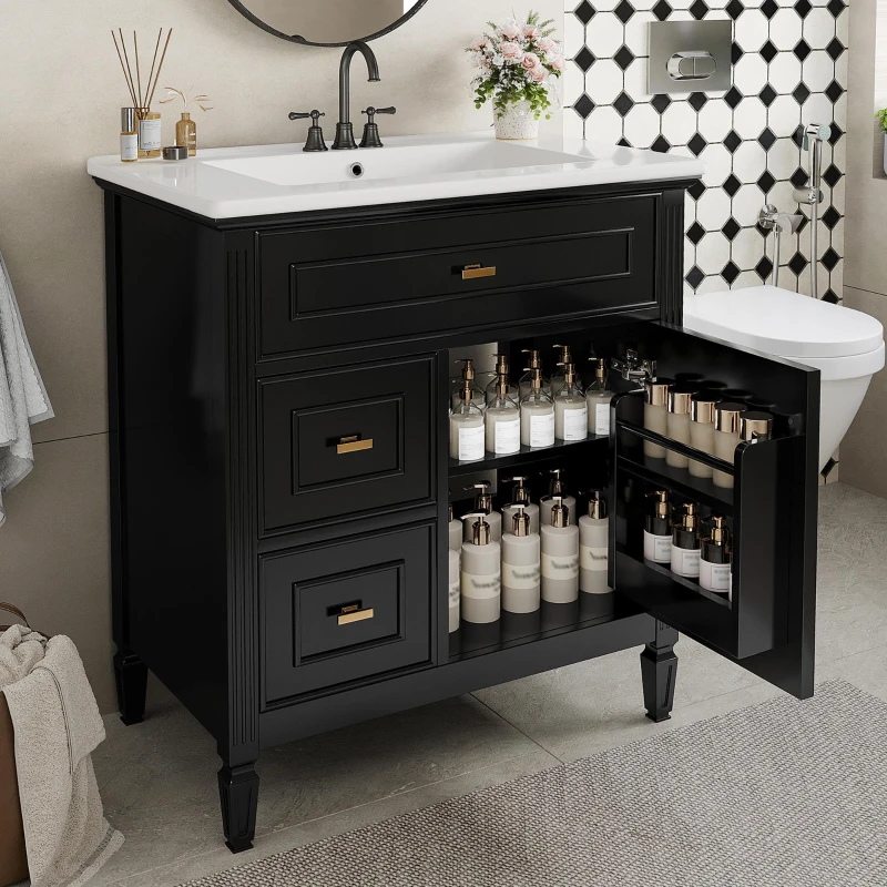 Spacious Vanity with Tip-Out Top Drawer and 2 Left-Side Drawers, Ideal Cabinet for Small-To-Medium Bathrooms, 30" L x 18.5" W x 33.5" H, Black
