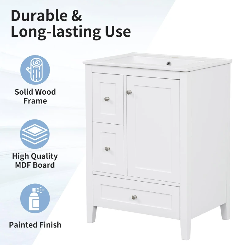 Ample Bathroom Vanity with 2 Upper Drawers and Removable Bottom Drawer, Ideal Cabinet for Small Bathrooms, 24" L x 18.5" W x 34" H, White