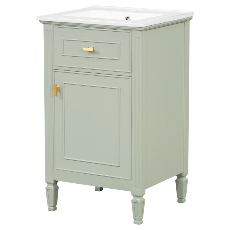 Functional Bathroom Vanity with Ceramic Sink and Tip-Out Top Drawer, Perfect Cabinet for Compact Bathrooms, 20" L x 18.5" W x 33.5" H, Green