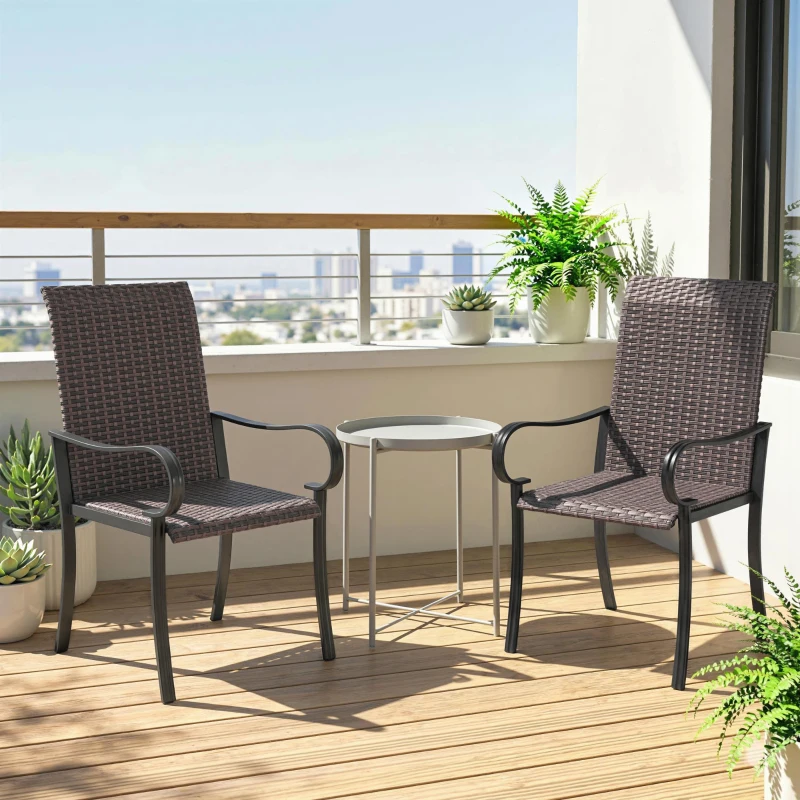 Outsunny Set of 2 Outdoor Wicker Dining Chairs with Armrest, Steel Frame, High Back and Deep Seating, Brown