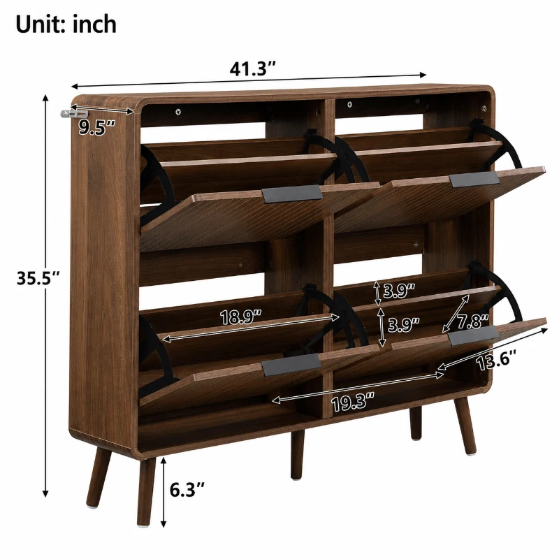 Modern Shoe Cabinet with Solid Tapered Wood Legs, Walnut Shoe Organizer with Double-Tier Storage, 41.5'' L x 9.5'' W x 36'' H, Walnut