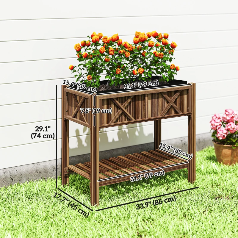 Outsunny Wooden Raised Garden Bed, Elevated Planter Box with Storage Shelf, Drainage Holes and Liner, 34"x18"x30", Carbonized