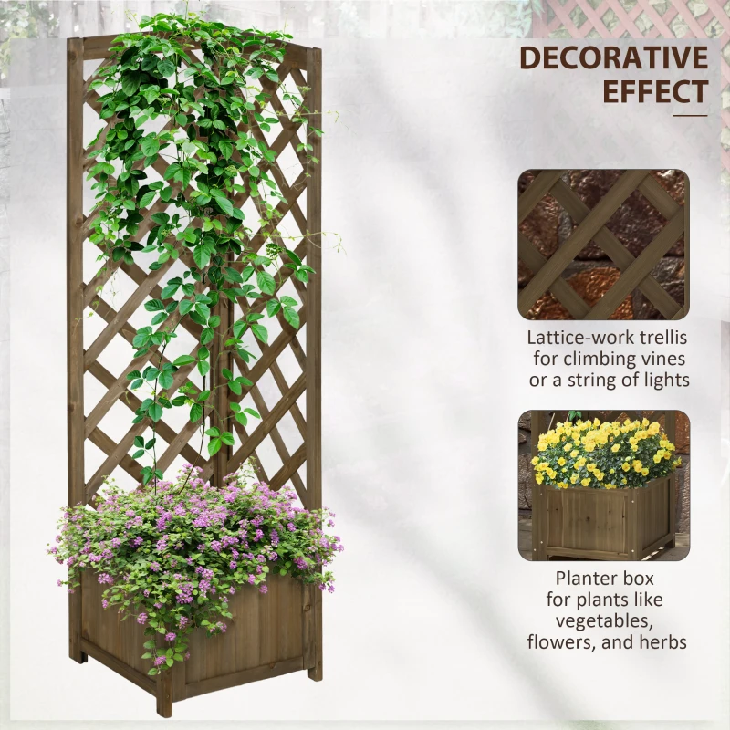 Outsunny Raised Garden Bed Wood Planter with Trellis for Vine Climbing, 16" x 16" x 57", Carbonized