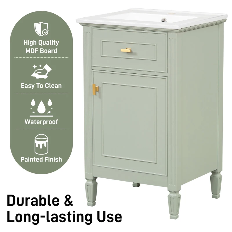 Functional Bathroom Vanity with Ceramic Sink and Tip-Out Top Drawer, Perfect Cabinet for Compact Bathrooms, 20" L x 18.5" W x 33.5" H, Green