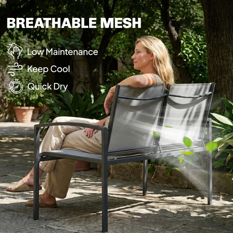 Outsunny Outdoor Garden Bench, 44 in Metal Patio Garden Park Bench with Breathable Mesh Fabric, 528 lb Load Capacity, Grey