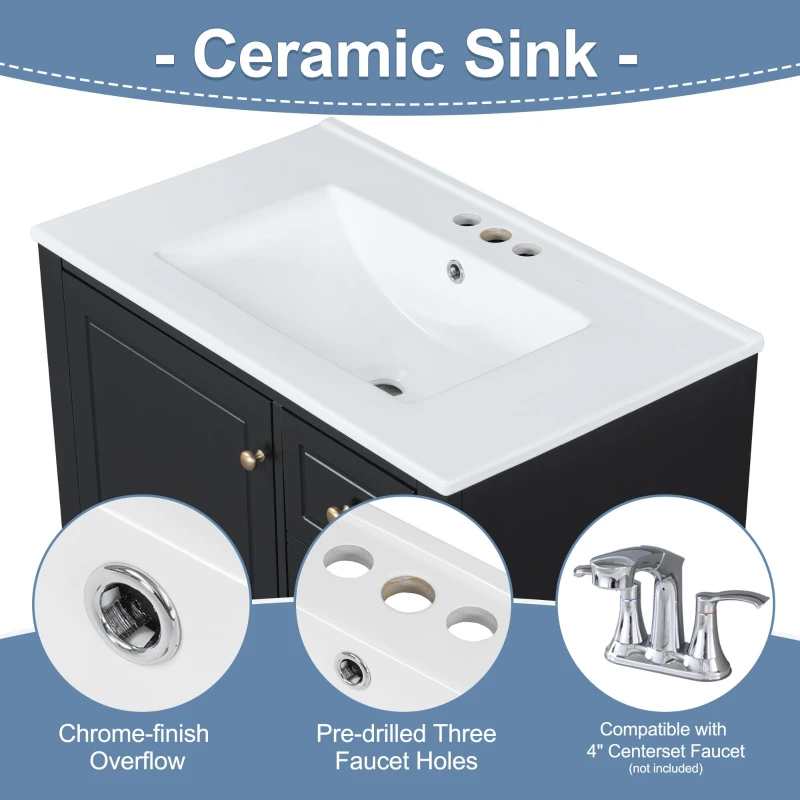 Stylish Bathroom Vanity with Easy-Clean Ceramic Sink and 3 Pre-Drilled Holes, Ideal Cabinet for Modern Bathrooms, 30" L x 18.5" W x 33.5" H, Black