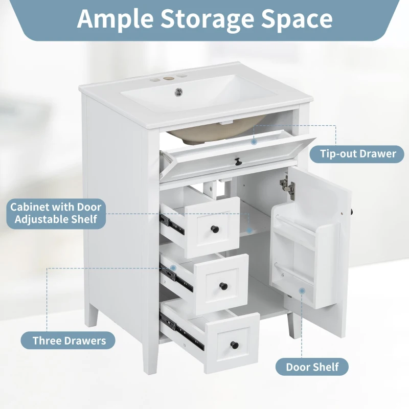 Double Bathroom Vanities with Tip-Out Top Drawer and 3 Pull-Out Drawers, Stylish Cabinets with Freestanding Design, 48" L x 18.5" W x 34" H, White