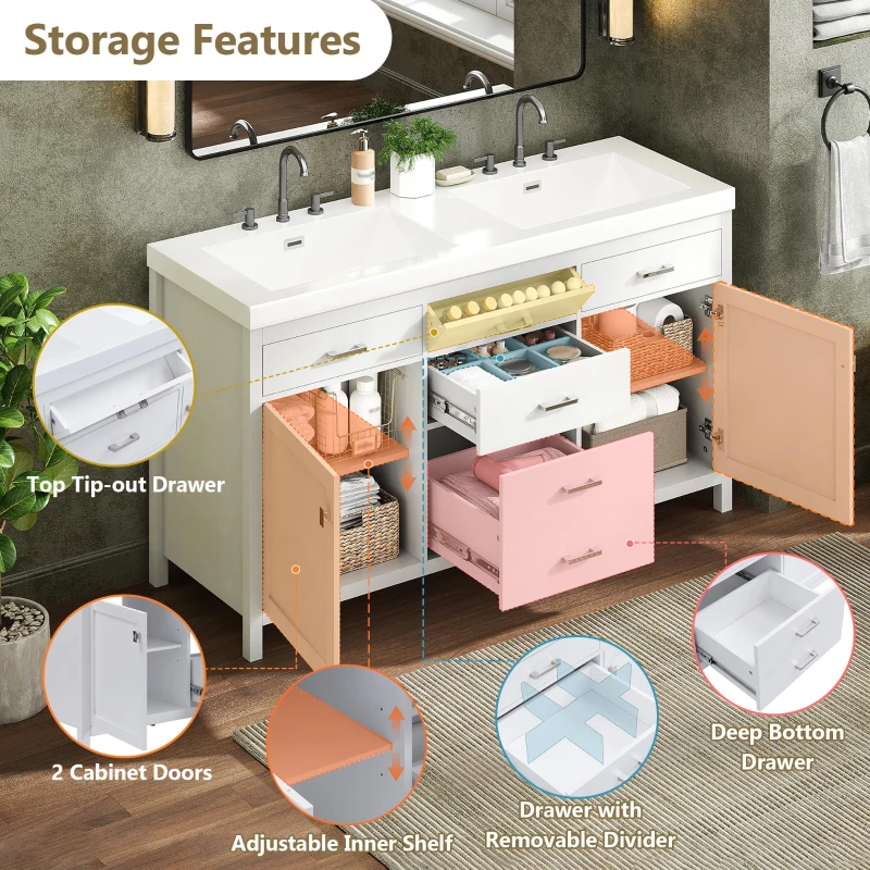 59-inch Double Sink Bathroom Vanity with Built-In Overflow, Transitional Bathroom Cabinet with Soft-Close Doors, 59'' L x 19.5'' W x 34'' H, White