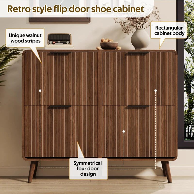 Modern Shoe Cabinet with Solid Tapered Wood Legs, Walnut Shoe Organizer with Double-Tier Storage, 41.5'' L x 9.5'' W x 36'' H, Walnut