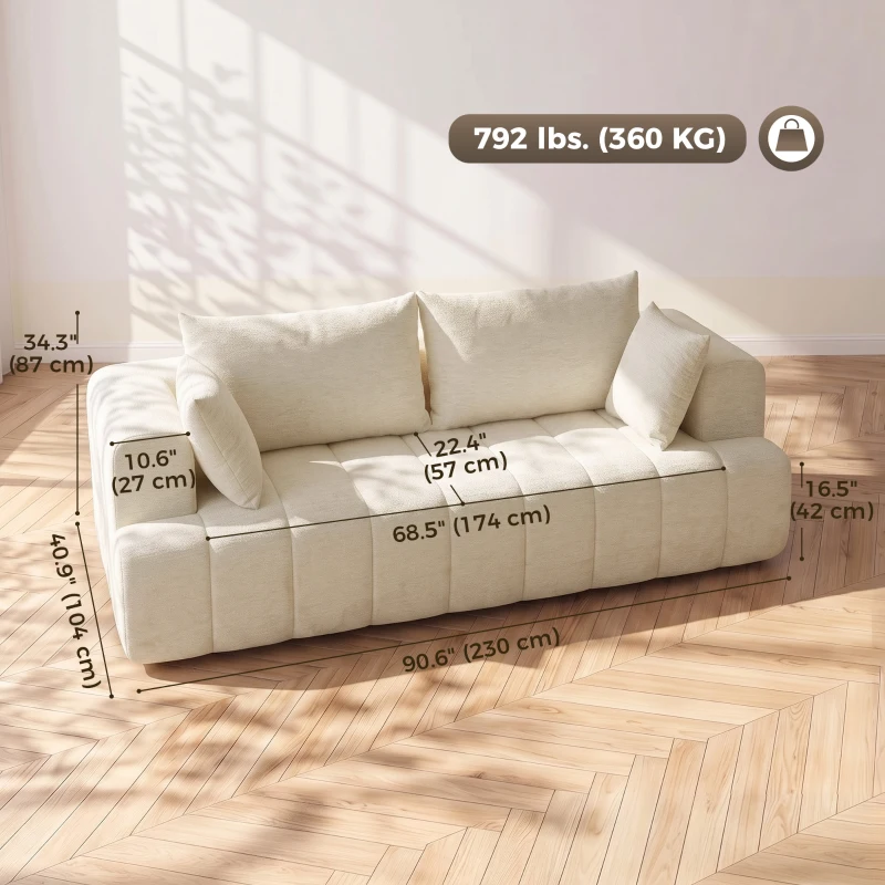 HOMCOM 3 Seater Sofa, Chenille Boneless Cloud Couch with Thick Spring Cushion, Wide and Deep Seat, Wide Armrests, Beige