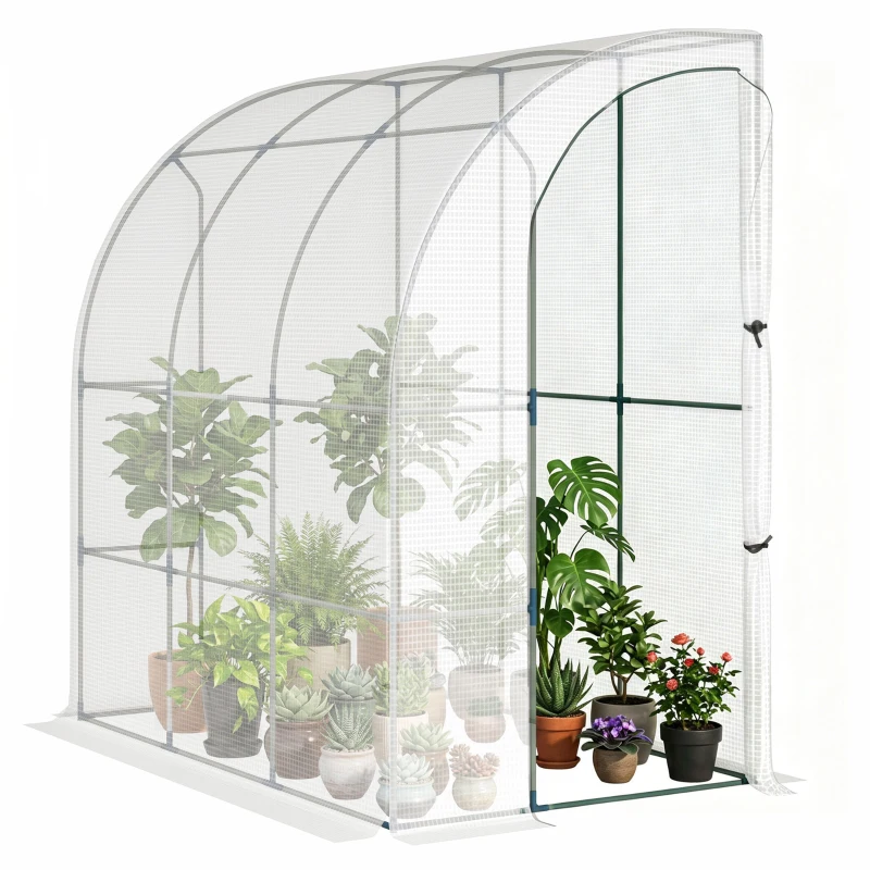 Outsunny 7' x 4' x 7' Outdoor Lean to Greenhouse, Walk-In Green House Plant Nursery with Roll-up Window, PE Cover, White