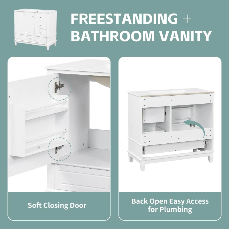 Spacious Bathroom Vanity with 3 Drawers and One-Door Cabinet, Freestanding Cabinet for Small Bathrooms, 36" L x 18.5" W x 33.5" H, White