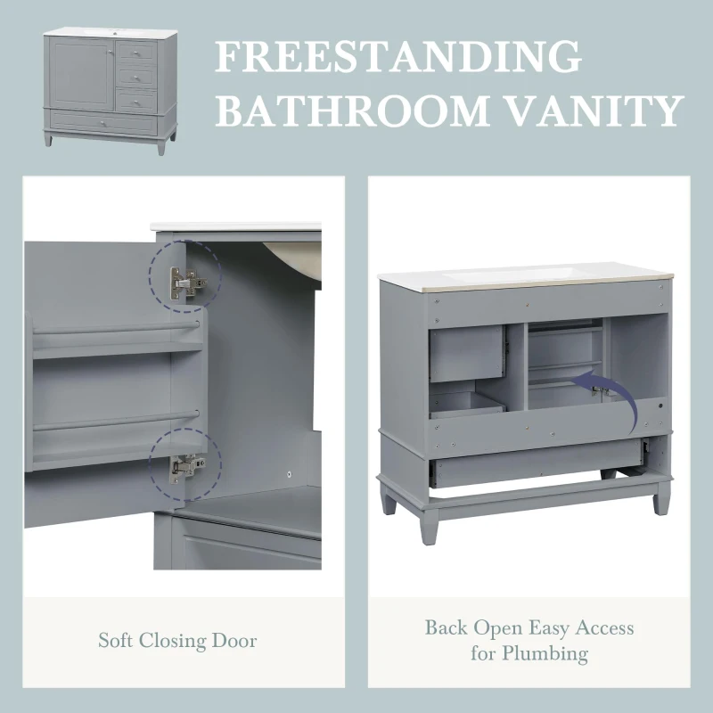 Spacious Bathroom Vanity with 3 Drawers and One-Door Cabinet, Freestanding Cabinet for Small Bathrooms, 36" L x 18.5" W x 33.5" H, Gray