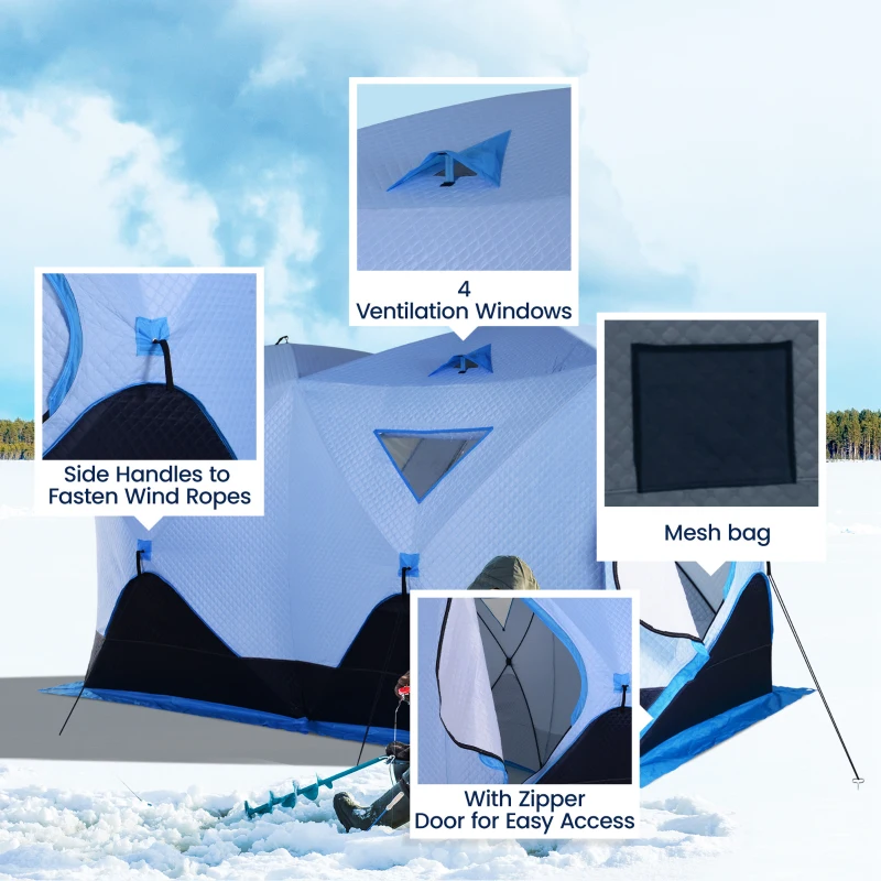 Outsunny 5-8 Person Ice Fishing Shelter, Pop-up Ice Fishing Tent, Ice Shanty, Portable and Insulated, with 2 Doors and Carrying Bag, Light Blue