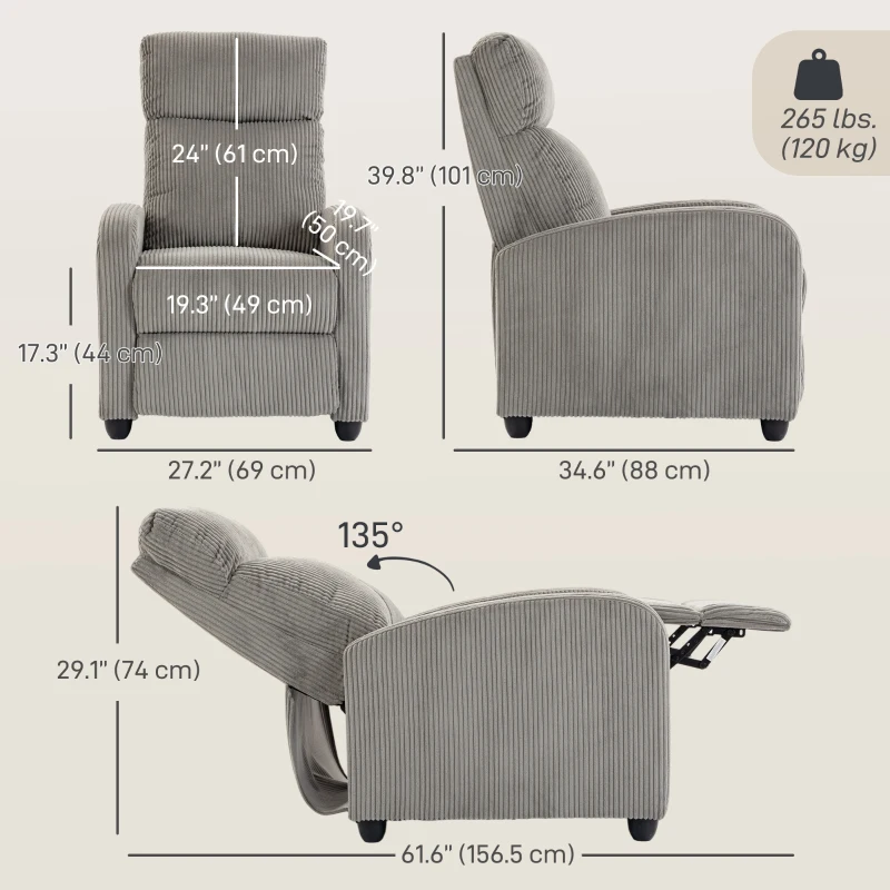 HOMCOM Corduroy Home Theater Seating, Push Back Recliner Chair with Padded Seat for Living Room, Grey