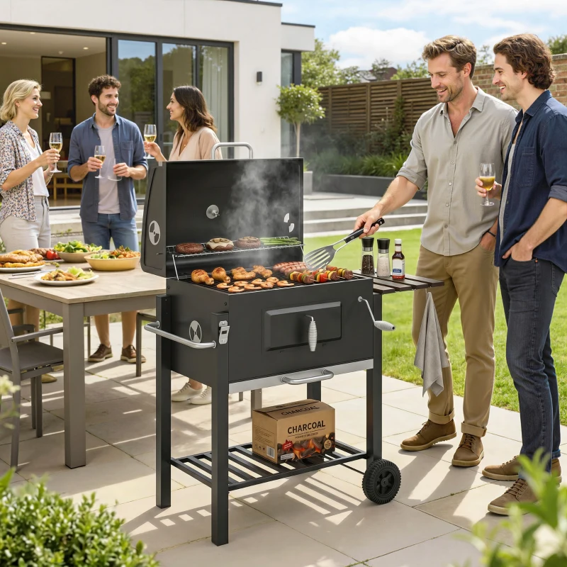 Outsunny Charcoal BBQ Grill and Smoker Combo Outdoor Portable Trolley Camping Picnic Backyard with Side Shelf, Black