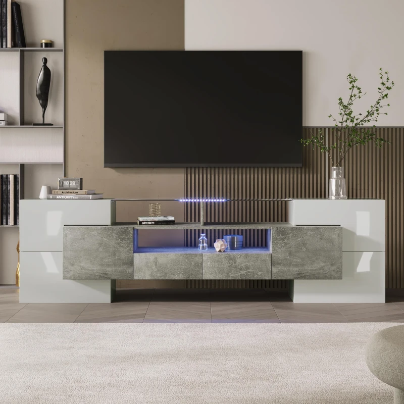 Spacious TV Stand with 6 Doors and 2 Drawers, Stylish Lowboard for Living Rooms, 78.5" L x 13.5" W x 23.5" H, White+Gray