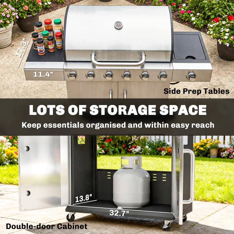 Outsunny 6 Burner Propane Gas Grill with Side Burner, Barbecue Grill with Cast Iron Grates, Wheels, Side Tables, Cabinet