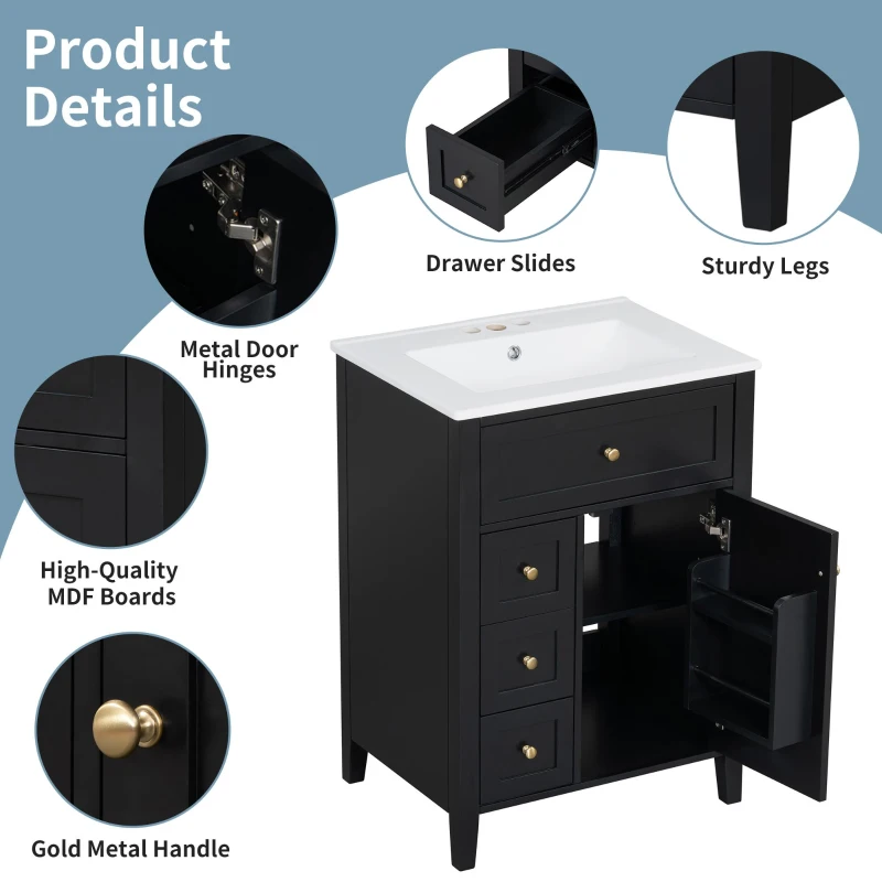Double Bathroom Vanities with Tip-Out Top Drawer and 3 Pull-Out Drawers, Stylish Cabinets with Freestanding Design, 48" L x 18.5" W x 34" H, Black