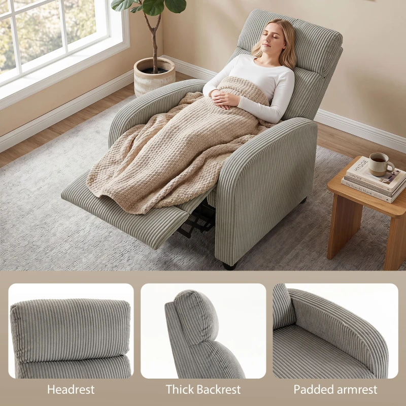 HOMCOM Corduroy Home Theater Seating, Push Back Recliner Chair with Padded Seat for Living Room, Grey