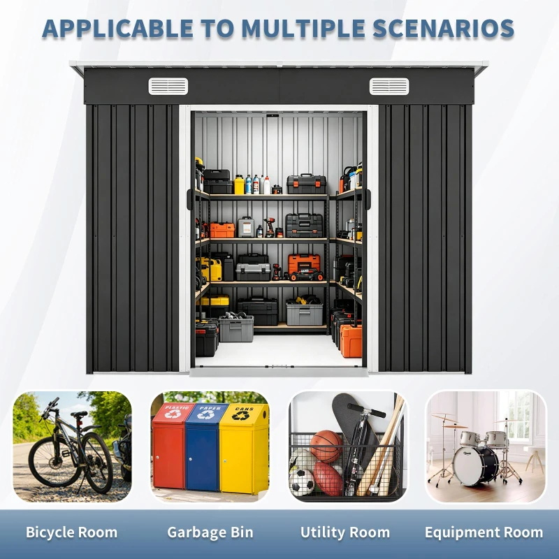 Outdoor Metal Storage Shed with Sliding Double Doors, Galvanized Steel Tool House with Lock‑Ready Holes, 94'' L x 48.5'' W x 71'' H, Black