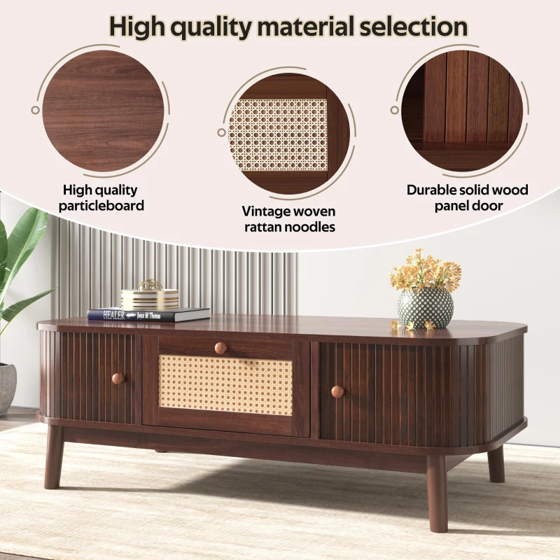 Rattan Coffee Table with Woven Drawers and Unique Sliding Cabinet Doors, Sliding Door Center table with Slatted Base, 43.5'' L x 21.5'' W x 15'' H, Wood