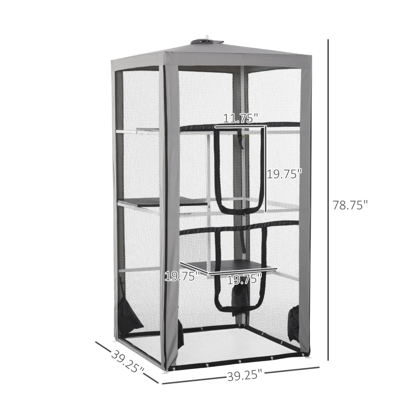 PawHut 79"H Catio Outdoor Cat Enclosure, Steel Frame Cat Cage with 3 Platforms, 2 Doors and 4 Sandbags for Stability