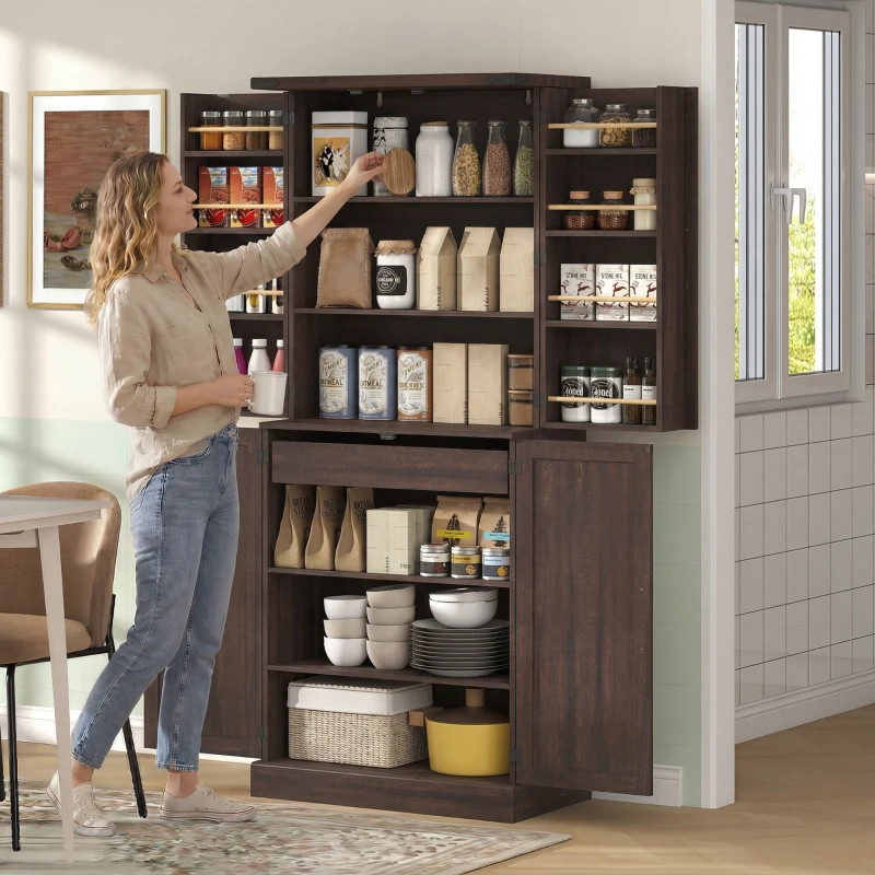 HOMCOM 72" Tall Kitchen Pantry Cabinet, Farmhouse Storage Cabinet with 8 Door Racks and Adjustable Shelves, Distressed Brown