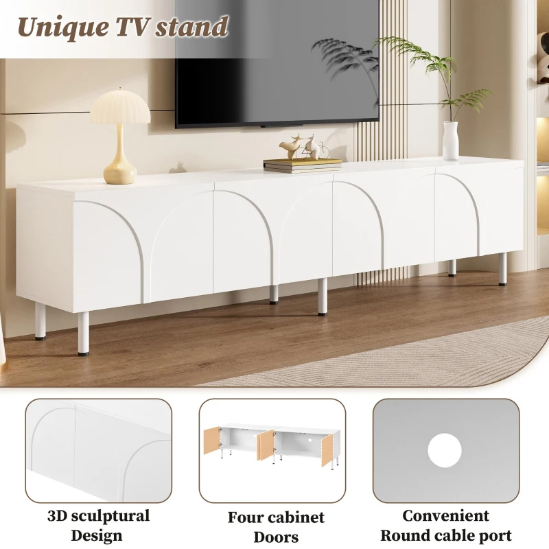 Low-Profile TV Cabinet with 4 Doors and 2 Internal Storage Compartments, Modern TV Stand with PB and MDF Construction, 71'' L x 14'' W x 19.5'' H, White