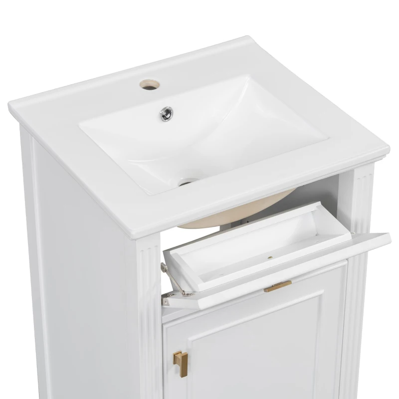 Functional Bathroom Vanity with Ceramic Sink and Tip-Out Top Drawer, Perfect Cabinet for Compact Bathrooms, 20" L x 18.5" W x 33.5" H, White