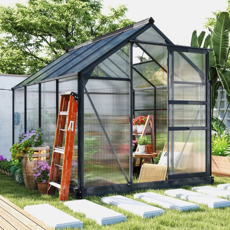 Outsunny Polycarbonate Greenhouse, Heavy Duty Outdoor Aluminum Walk-in Green House Kit Vent Door, 6.2'x8.3'x6.6' Gray