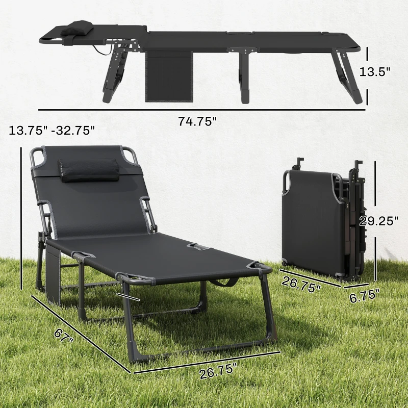 Outsunny Folding Chaise Lounge Chair Outdoor Tanning Chair with 5-Position Backrest, Cushion, Side Pocket, Dark Gray