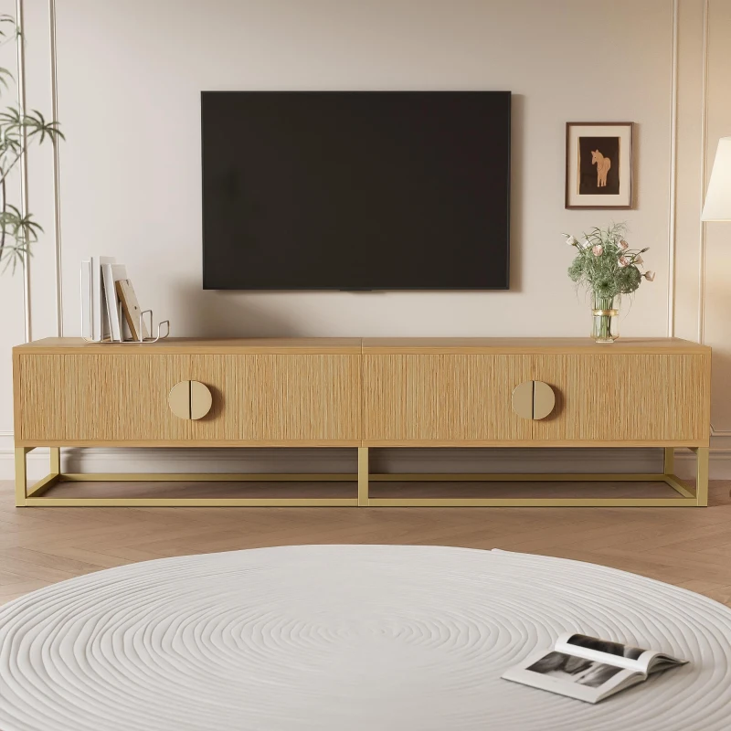 Spacious TV Cabinet with 4 Cabinet Doors, Smooth Sideboard with Integrated Soft-Close Hinges, 70.5" L x 15.5" W x 15.5" H, Natural