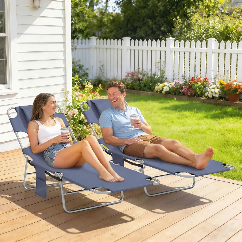 Outsunny 2 Tanning Chairs with Face Hole, 5-Level Adjustable Outdoor Chaise Lounge Chair with Pillow for Beach, Pool, Gray
