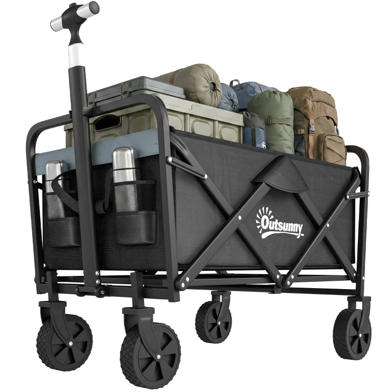 Outsunny Steel Frame Folding Garden Cart, Collapsible Wagon with Telescopic Handle and All-Terrain Wheels