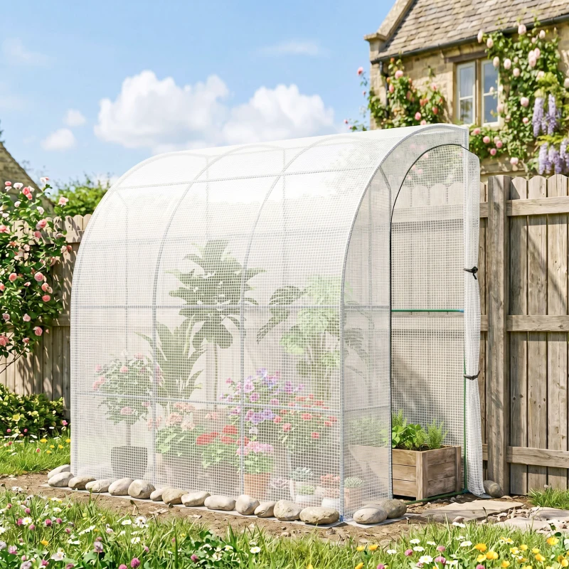 Outsunny 7' x 4' x 7' Outdoor Lean to Greenhouse, Walk-In Green House Plant Nursery with Roll-up Window, PE Cover, White