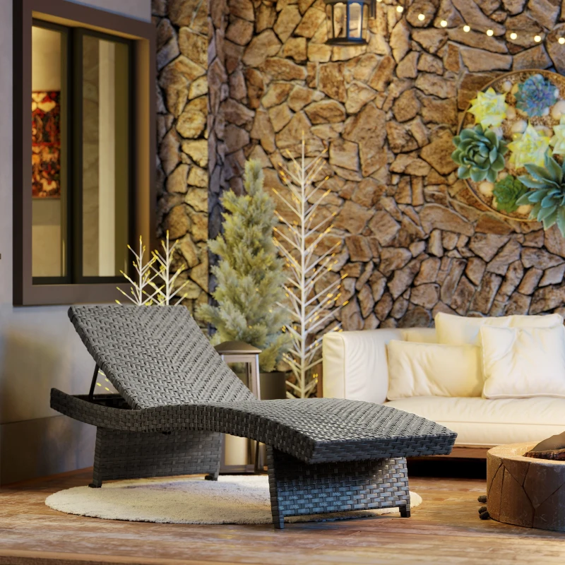 Outsunny Patio Lounger, Folding Wicker Outdoor Chaise Lounge with 4-Level Adjustable Backrest, Grey