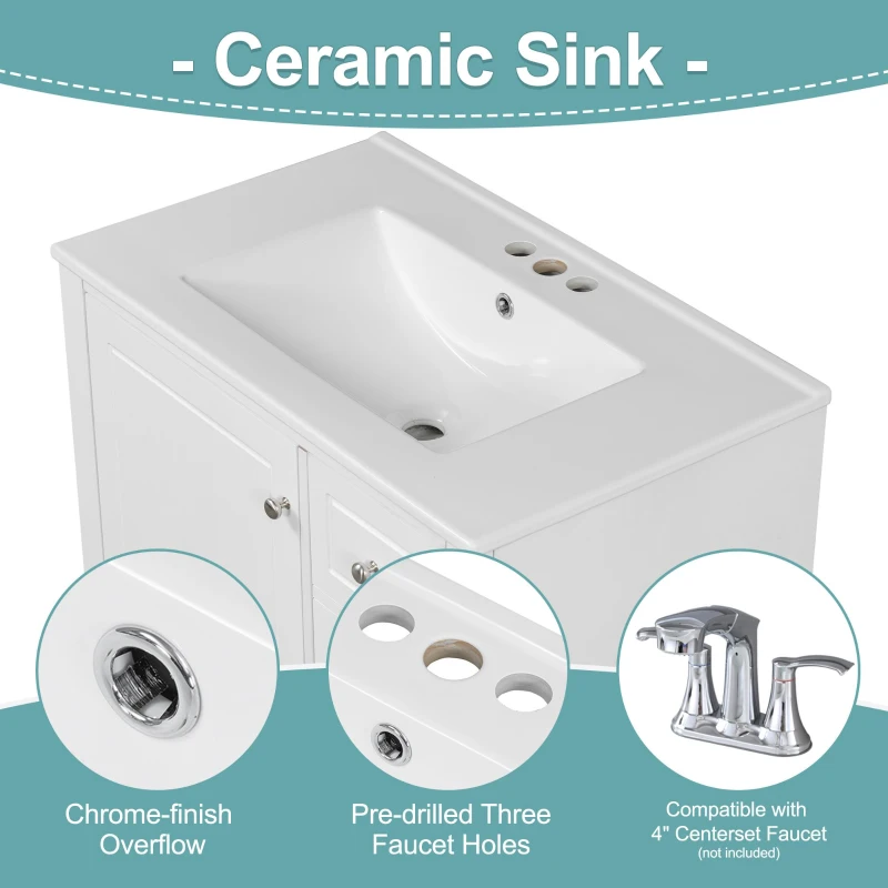 Stylish Bathroom Vanity with Easy-Clean Ceramic Sink and 3 Pre-Drilled Holes, Ideal Cabinet for Modern Bathrooms, 30" L x 18.5" W x 33.5" H, White