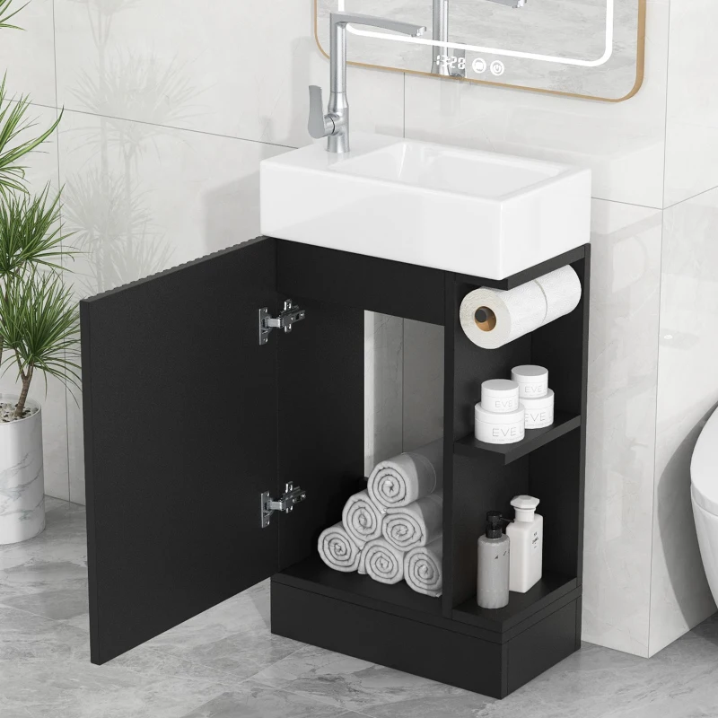 Practical Bathroom Vanity with 2-Tier Storage Shelves and Toilet Paper Holder, Compact Cabinet for Small Bathrooms, 18.5" L x 10.5" W x 33" H, Black