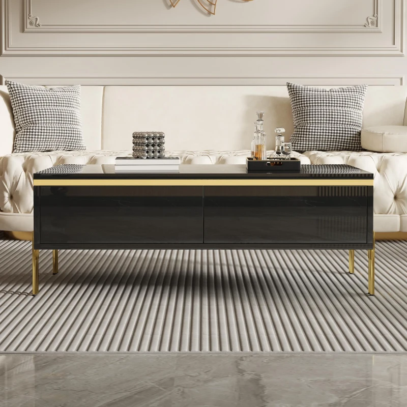 Modern High-Gloss Coffee Table with Hidden Dual Drawers, Stain-Resistant Center Table with Metal Legs, 39.5'' L x 19.5'' W x 14'' H, Black