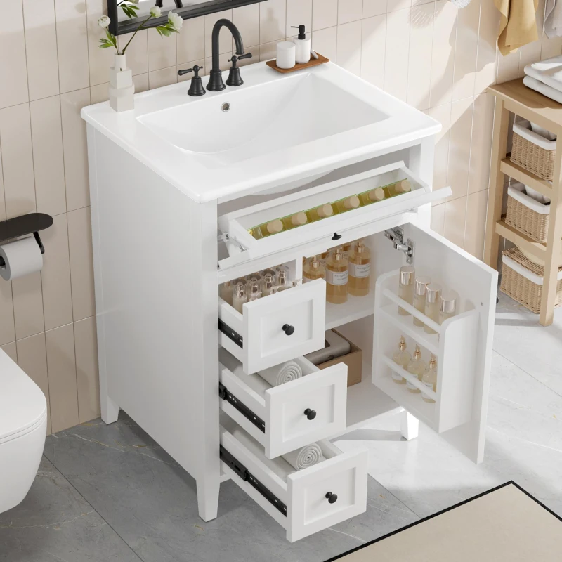 Sleek Bathroom Vanity with Tip-Out Top Drawer and 3 Pull-Out Drawers, Stylish Cabinet with Freestanding Design, 24" L x 18.5" W x 34" H, White