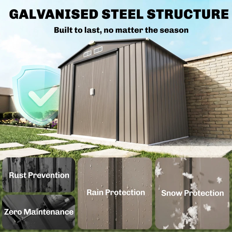 Outsunny 7' x 4' x 6' Garden Storage Shed Outdoor Patio Metal Tool Storage House w/ Foundation Kit and Double Doors Brown